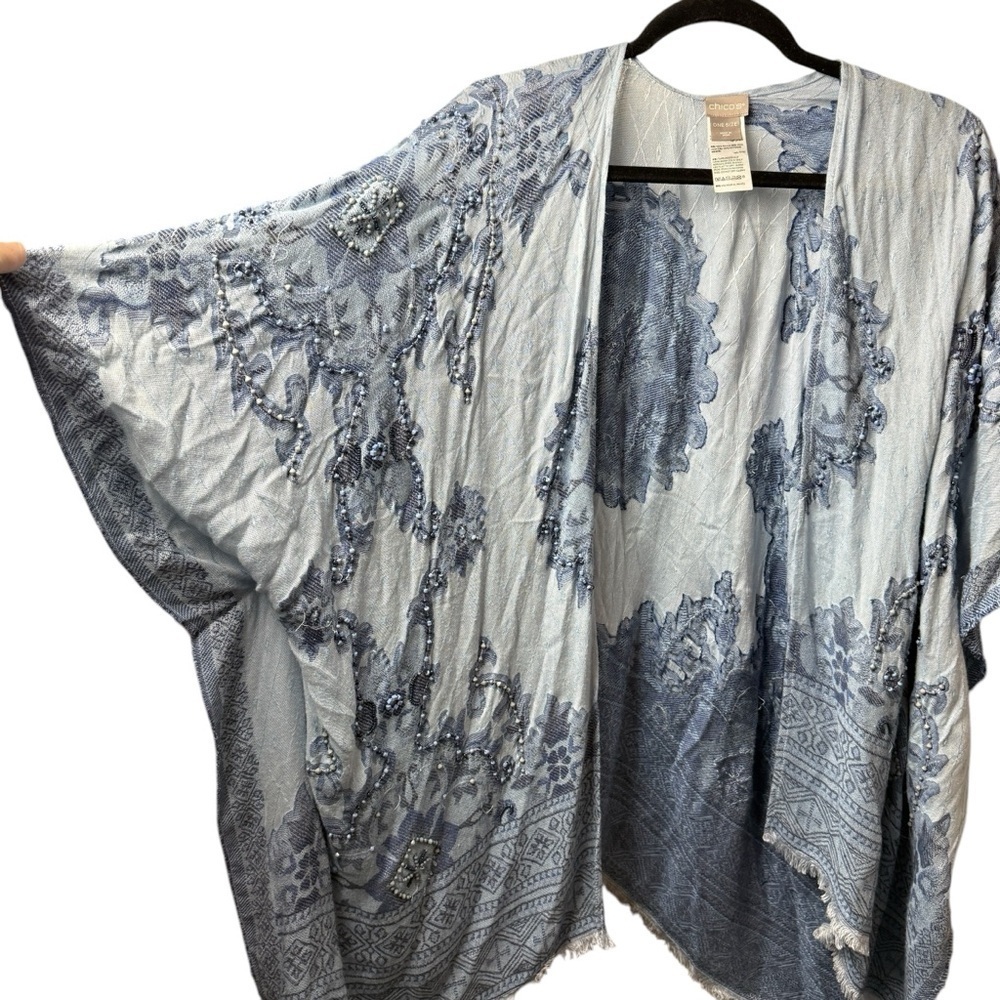 Chico's One Size Kimono Blue Open Cardigan 3/4 Sleeves Embroidered Beaded Sequin - Picture 5 of 10